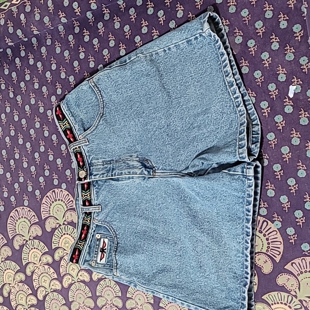 Super 90's Denim Mom Shorts Firebird Embroidery and Ribbon Detail